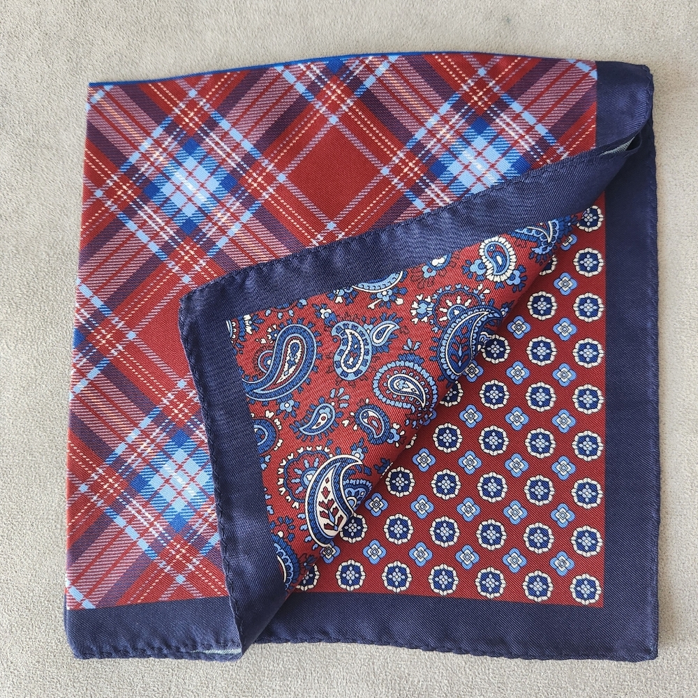 Cremieux square pocket red blue 100% silk panels plaid paisley pochette new $35